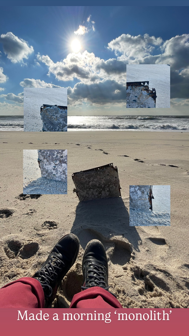 An instagram Story as art & images titled "made a morning monolith"