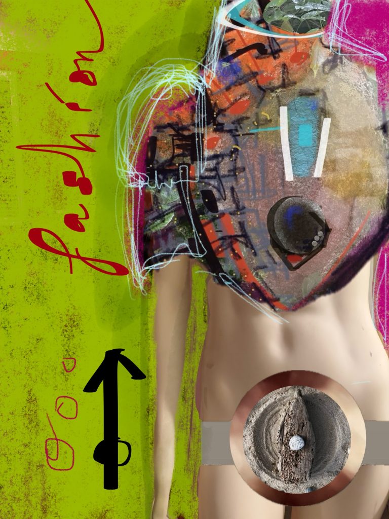collage of mannequin with collage elements on top.