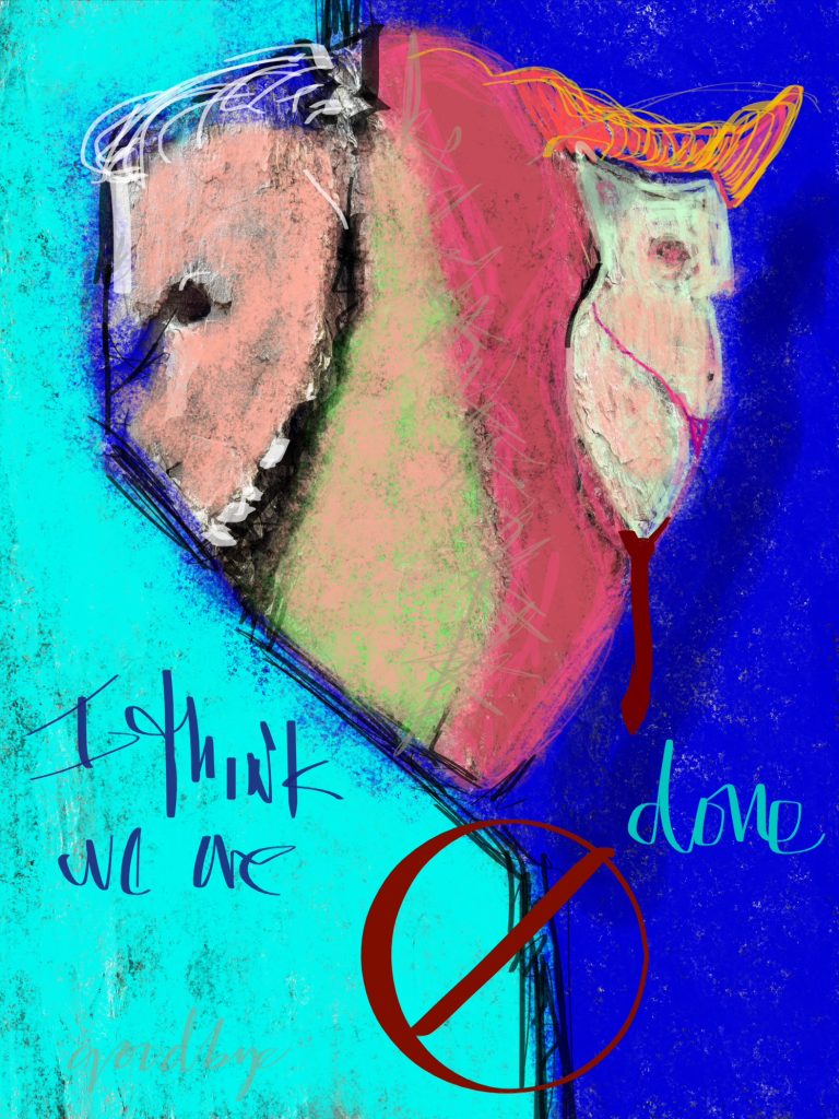 abstract art of two faces making an emblem, looking almost like a shield or balloon on a string. 