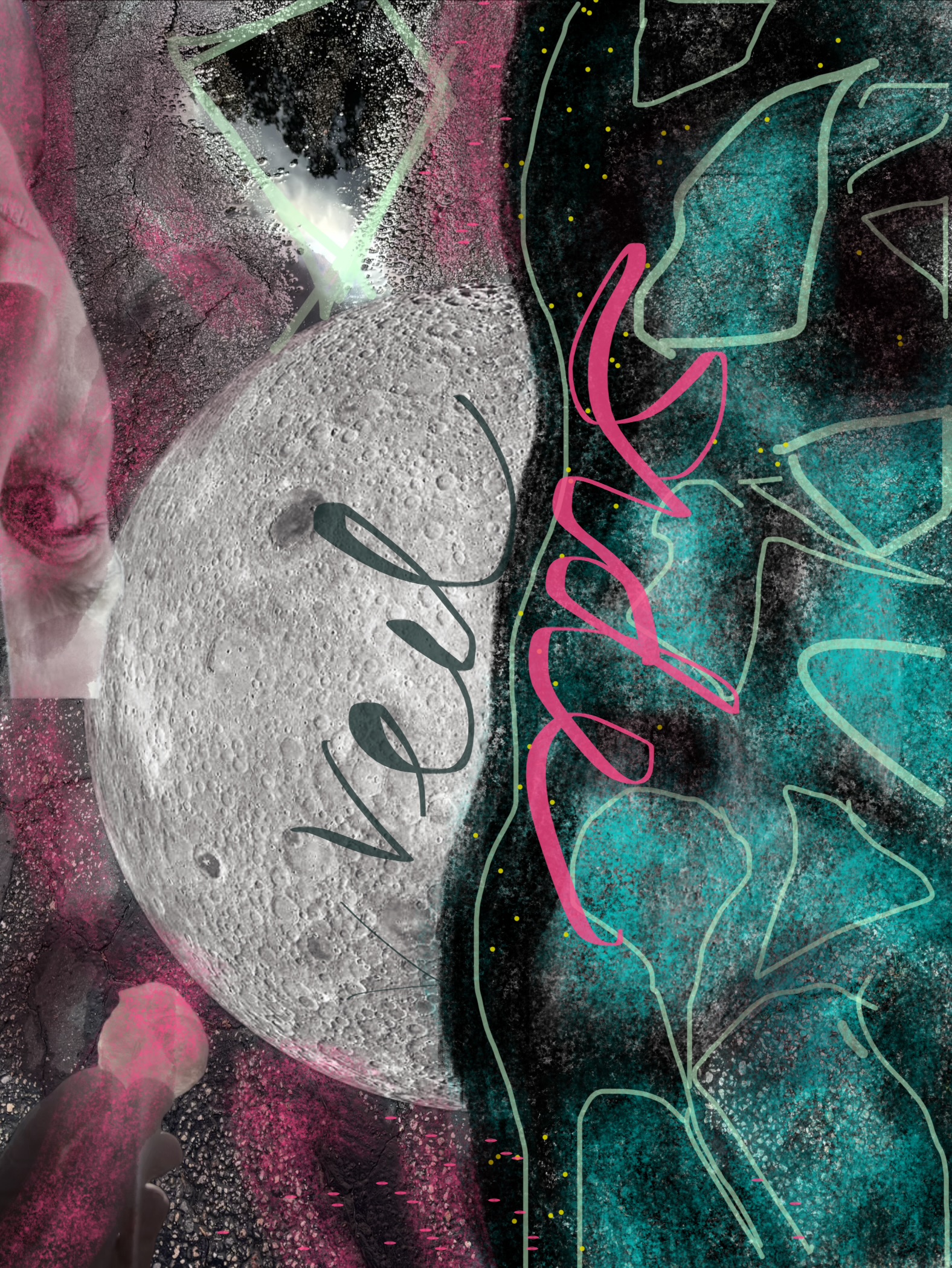 Abstract Art in shades of Teal and dark fucshia named Veil Sides by Elizabeth Mullen Matteson