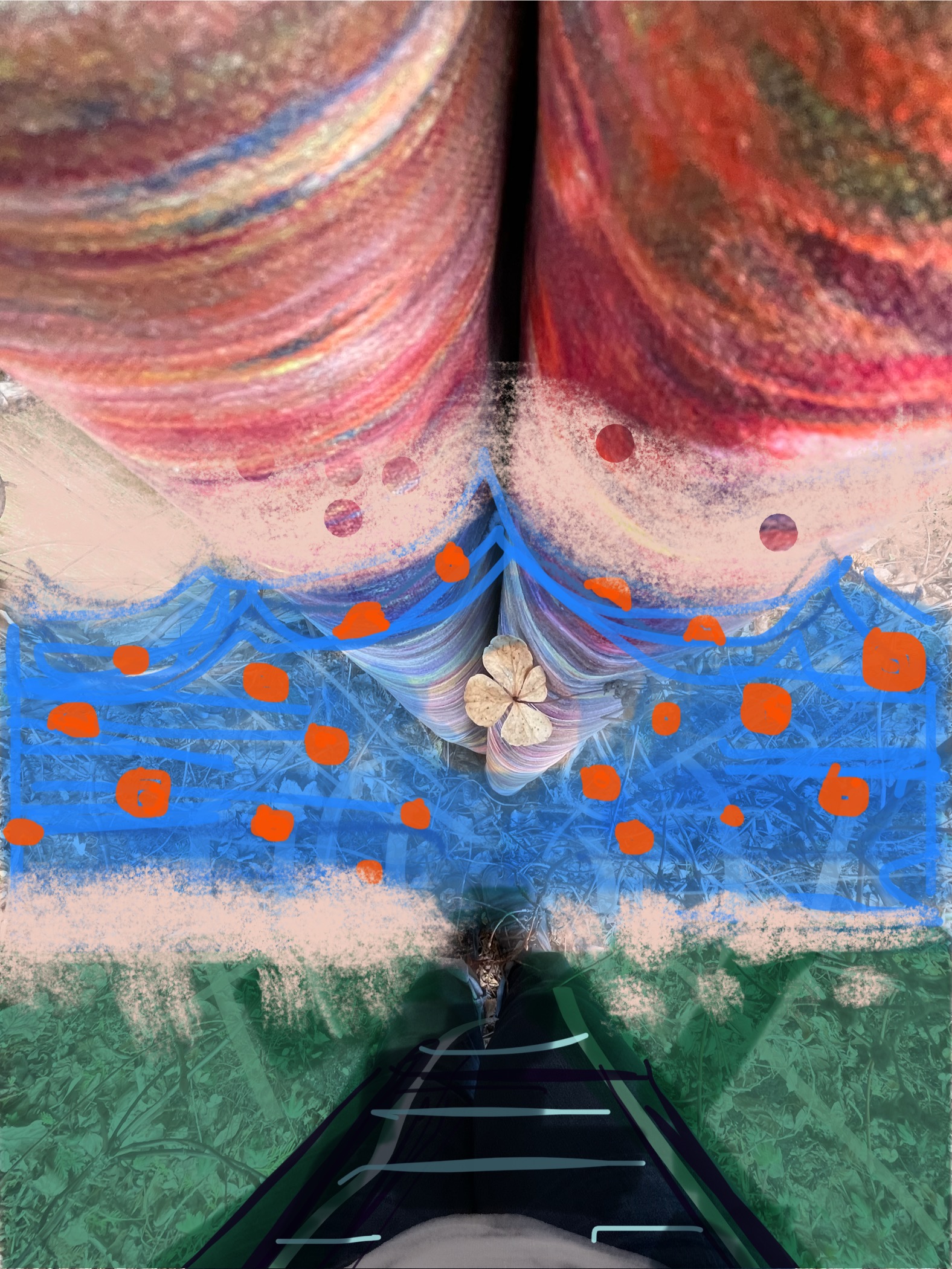 Oranges in the mythic waters. Art by Elizabeth Mullen Matteson featuring a scrolled canvas by Richard Fraenkel