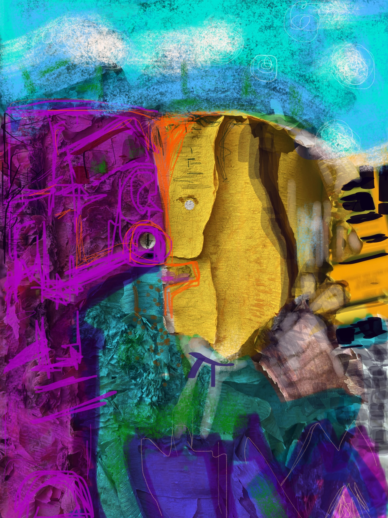 “Fielding Pi” by Elizabeth Mullen Matteson. Digital Symbol Work comprised of digital markup fingerpainting on original photo.