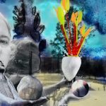 collage art by EM Matteson depicting a surrealistic scene and artist holding what looks like a vase with tulips in it