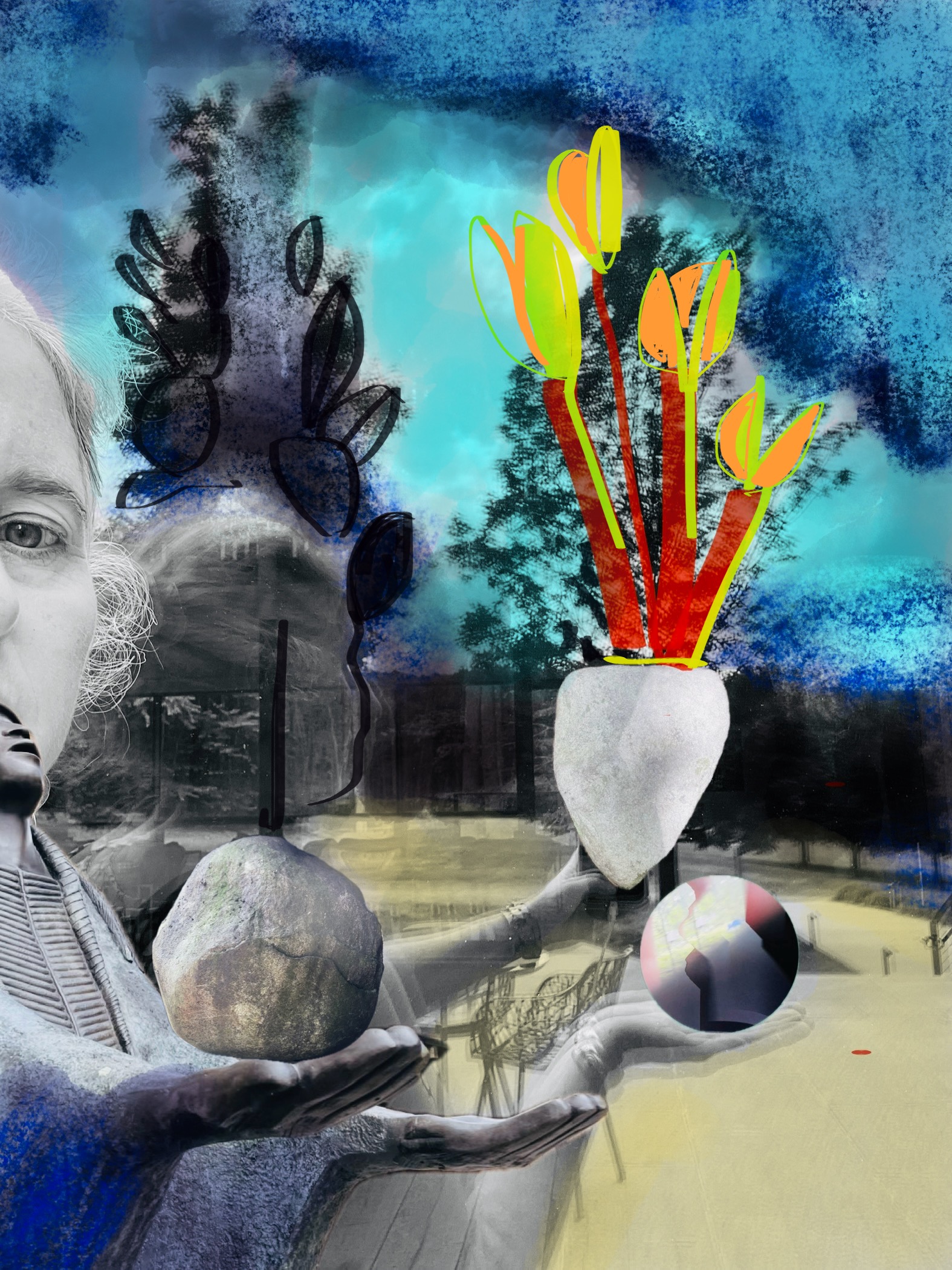 collage art by EM Matteson depicting a surrealistic scene and artist holding what looks like a vase with tulips in it