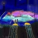 drawing by Elizabeth Mullen Matteson. surrealist with bold colors. Looks like two jellyfish under a tall bed