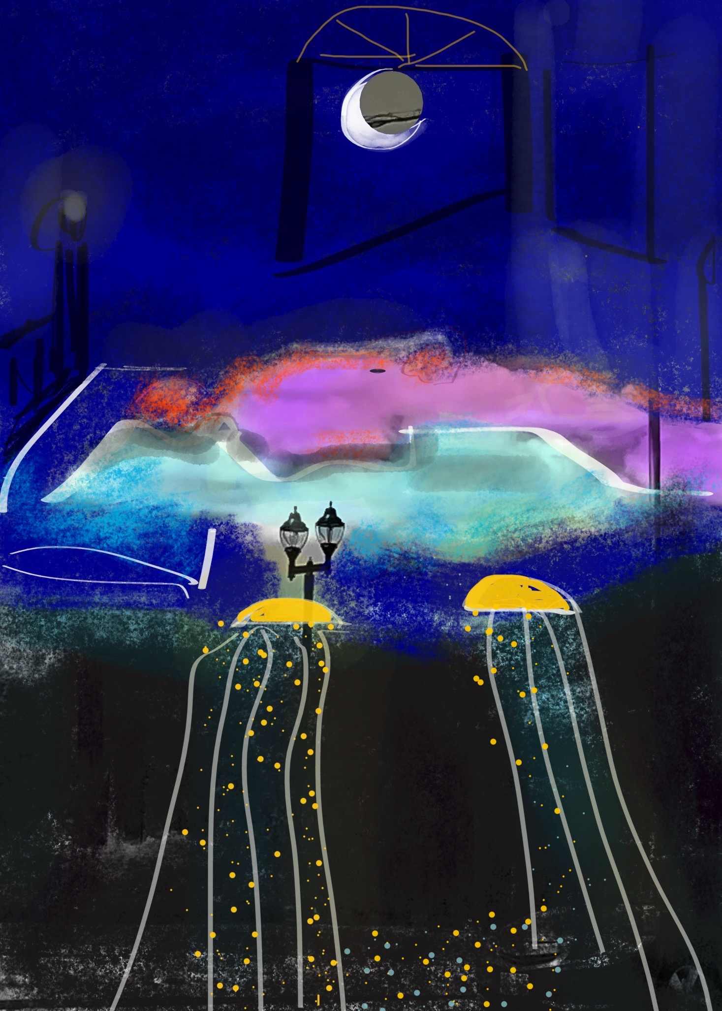 drawing by Elizabeth Mullen Matteson. surrealist with bold colors. Looks like two jellyfish under a tall bed