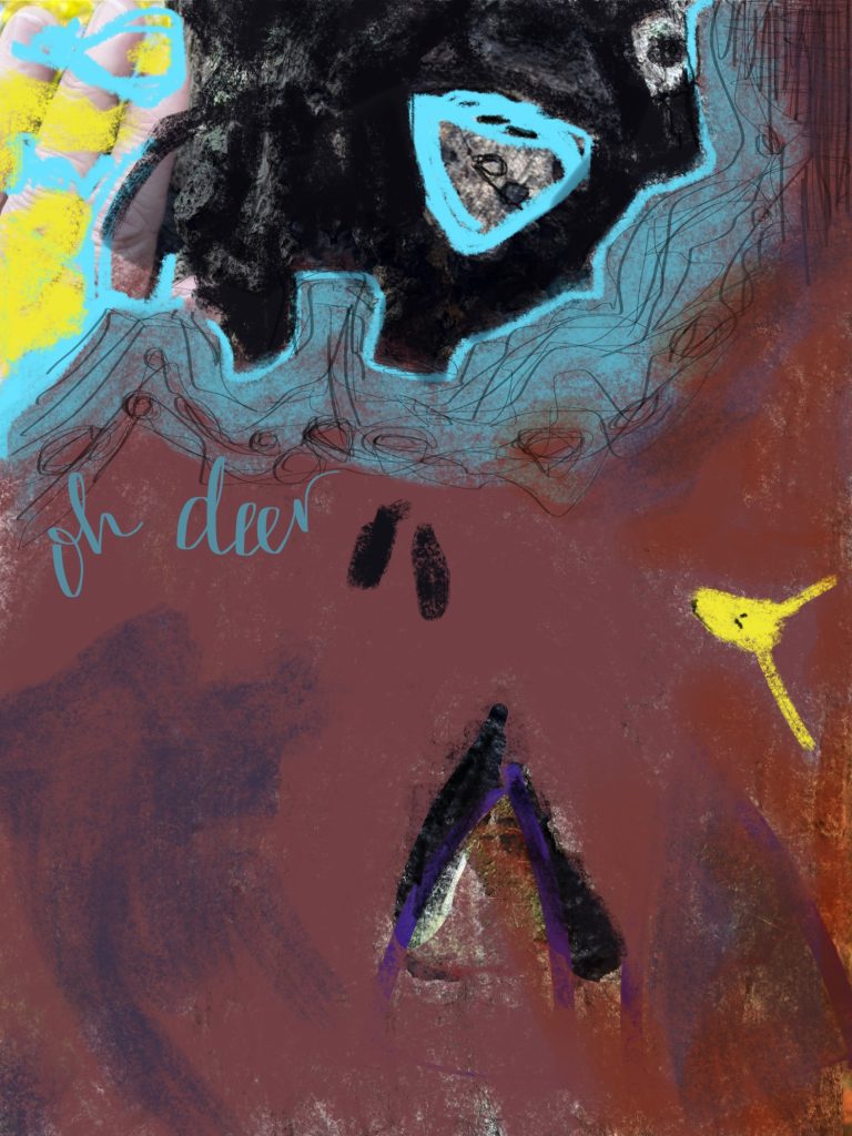 phone markup art by Elizabeth Mullen Matteson. looks like abstraction inspired by earliest cave art at Lascaux France, and drawn on top of an image of a tree that had a marking shaped like deer footprints