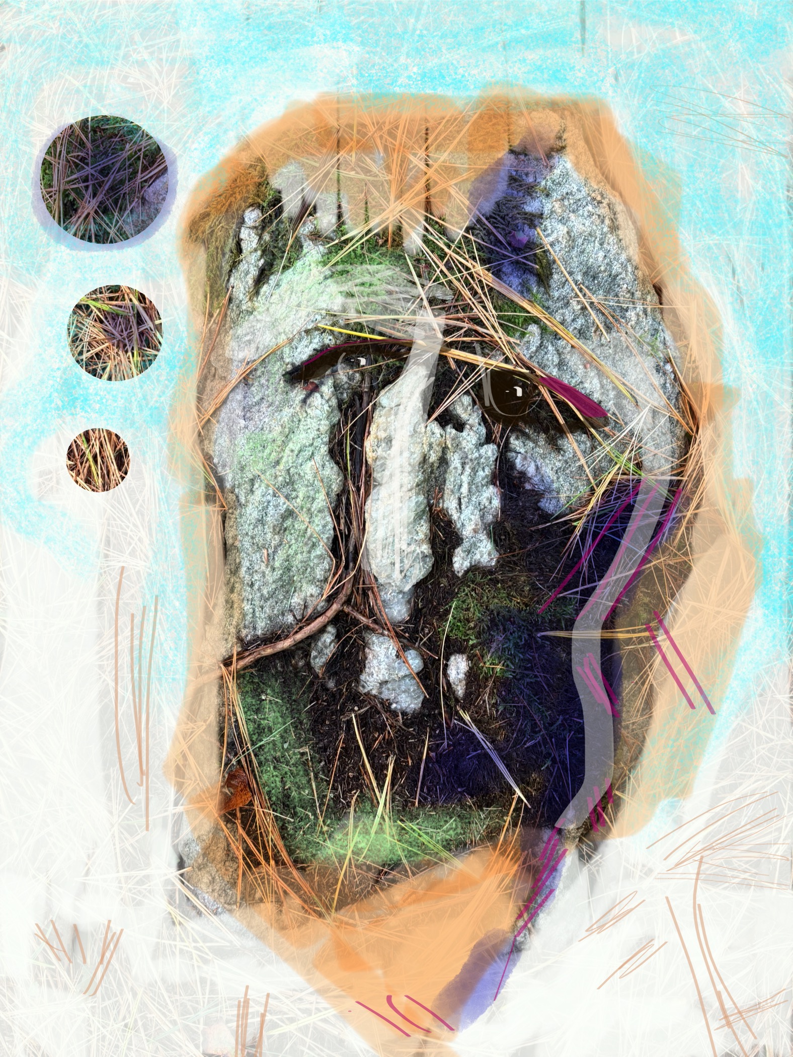 "The Thinker" phone markup art on photo of stone